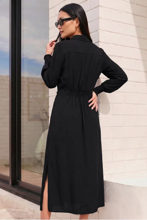 Roman Black Tie Waist Buttoned Shirt Dress - 14 Image 2