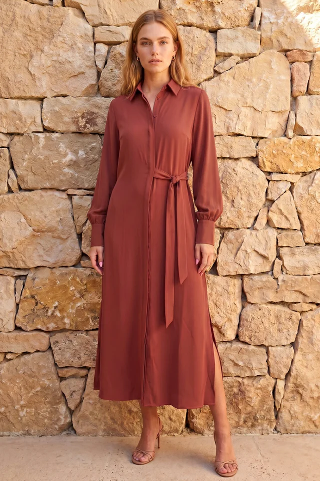 Roman Copper Tie Waist Buttoned Shirt Dress