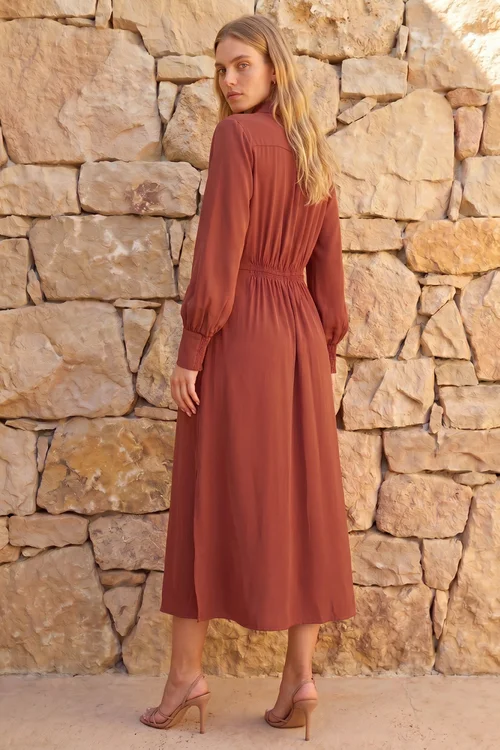 Roman Copper Tie Waist Buttoned Shirt Dress - 16 Image 3