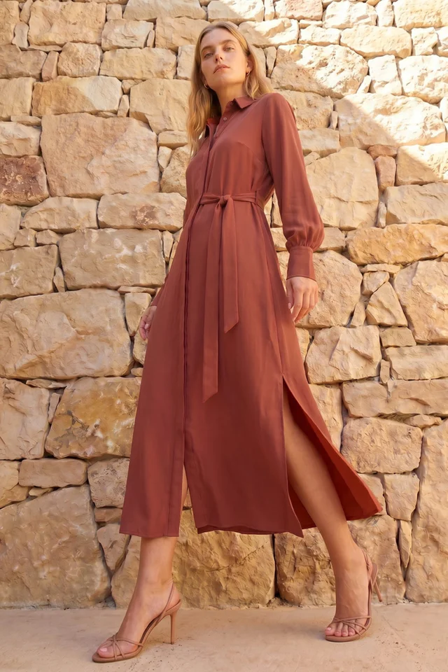 Roman Copper Tie Waist Buttoned Shirt Dress