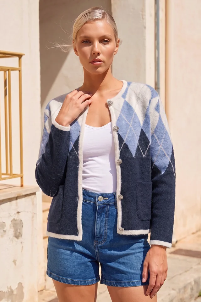 Roman Navy Petite Buttoned Argyle Knit Cardigan