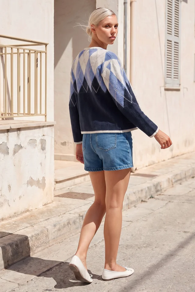 Roman Navy Petite Buttoned Argyle Knit Cardigan