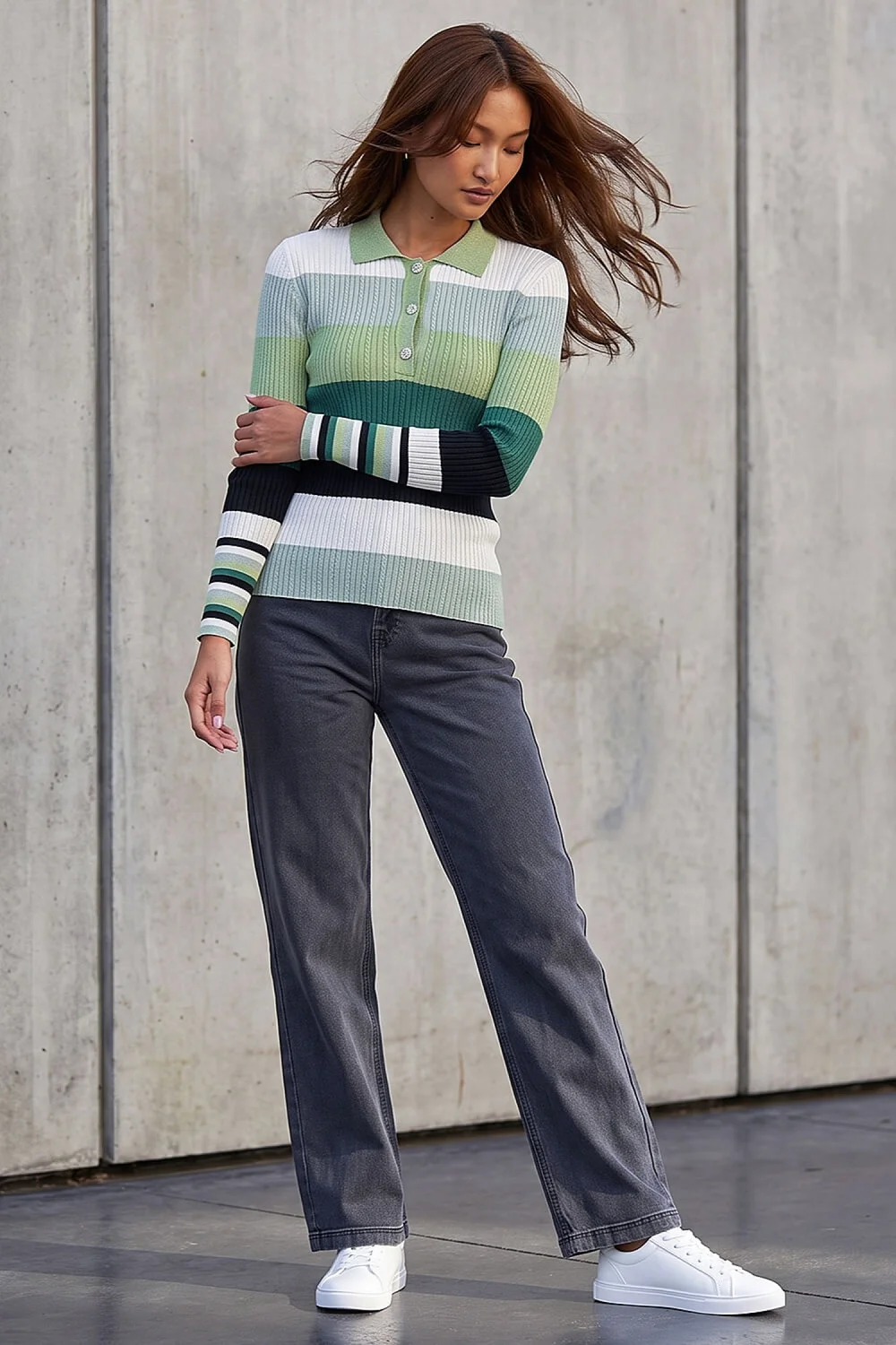 Roman Green Stripe Collar Buttoned Knit - 18 Image 3