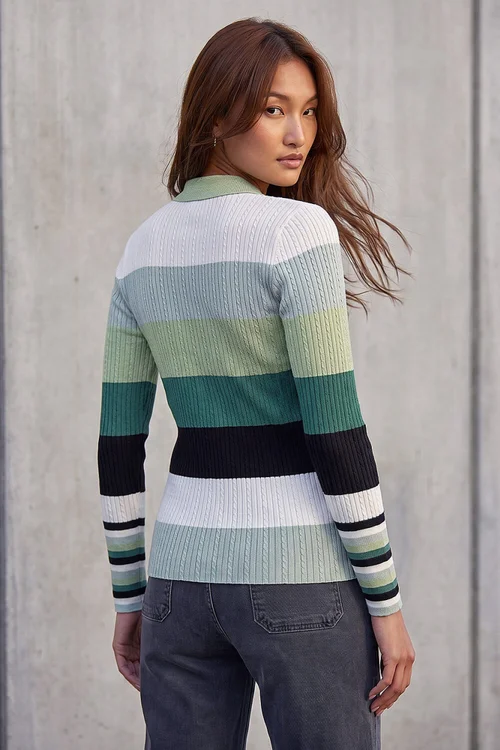 Roman Green Stripe Collar Buttoned Knit - 18 Image 2