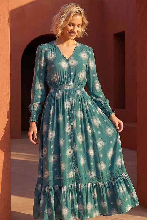 Roman Emerald Floral Lace Trim Midi Dress - 12 Image 2
