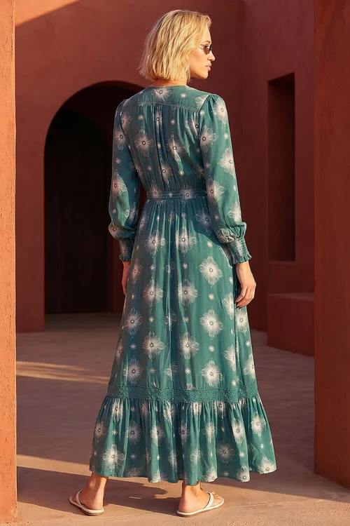 Roman Emerald Floral Lace Trim Midi Dress - 12 Image 3