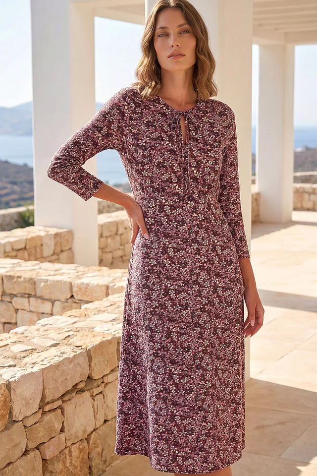 Roman Wine Petite Paisley Tie Neck Dress