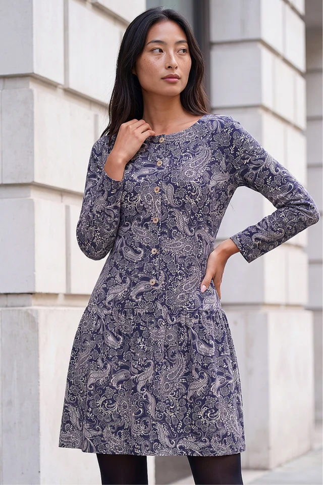 Roman Navy Petite Paisley Button Down Dress