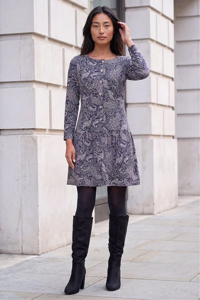 Roman Navy Petite Paisley Button Down Dress