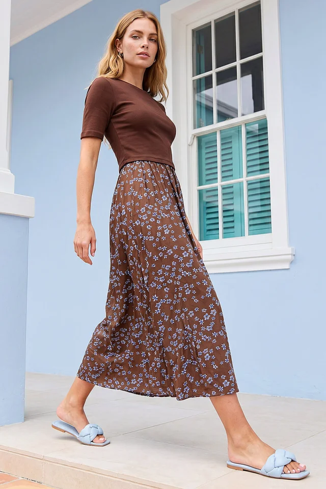 Roman Chocolate Floral Print Knit Dress
