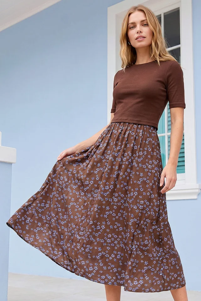 Roman Chocolate Floral Print Knit Dress