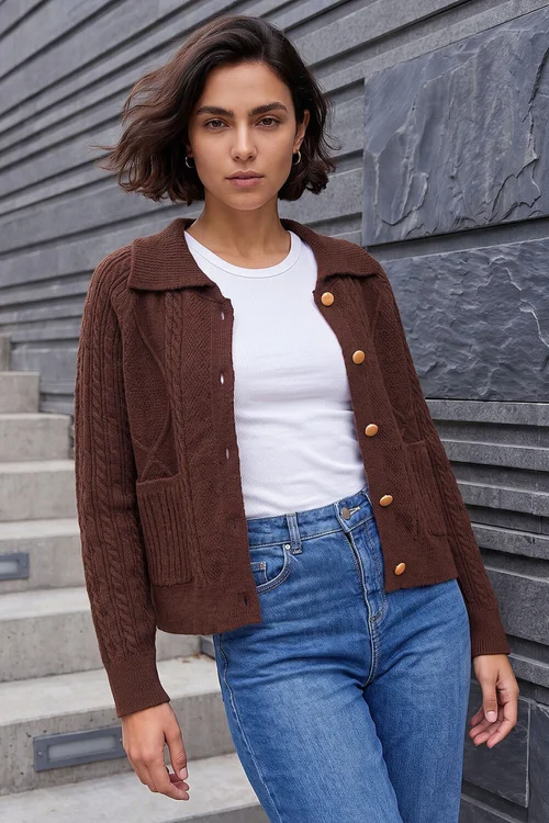 Roman Chocolate Chunky Cable Cardigan - 18 Image 2