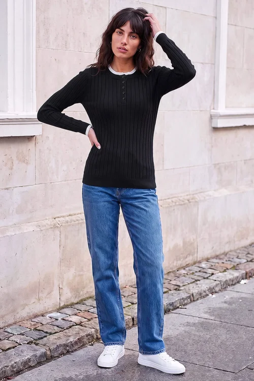 Roman Black Double Mock Henley Style Ribbed Knit Jumper - 18 Image 3