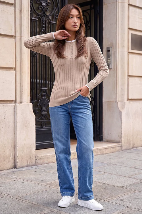Roman Beige Double Mock Henley Style Ribbed Knit Jumper - 12 Image 3