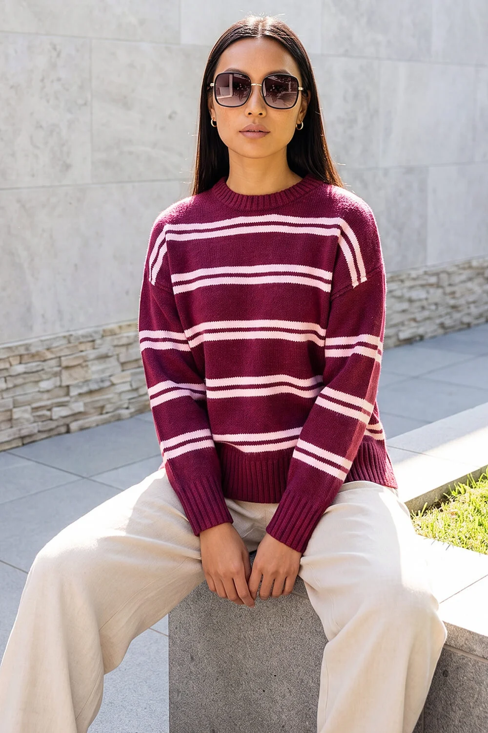 Roman Burgundy Stripe Crew Neck Jumper - 18 Image 1