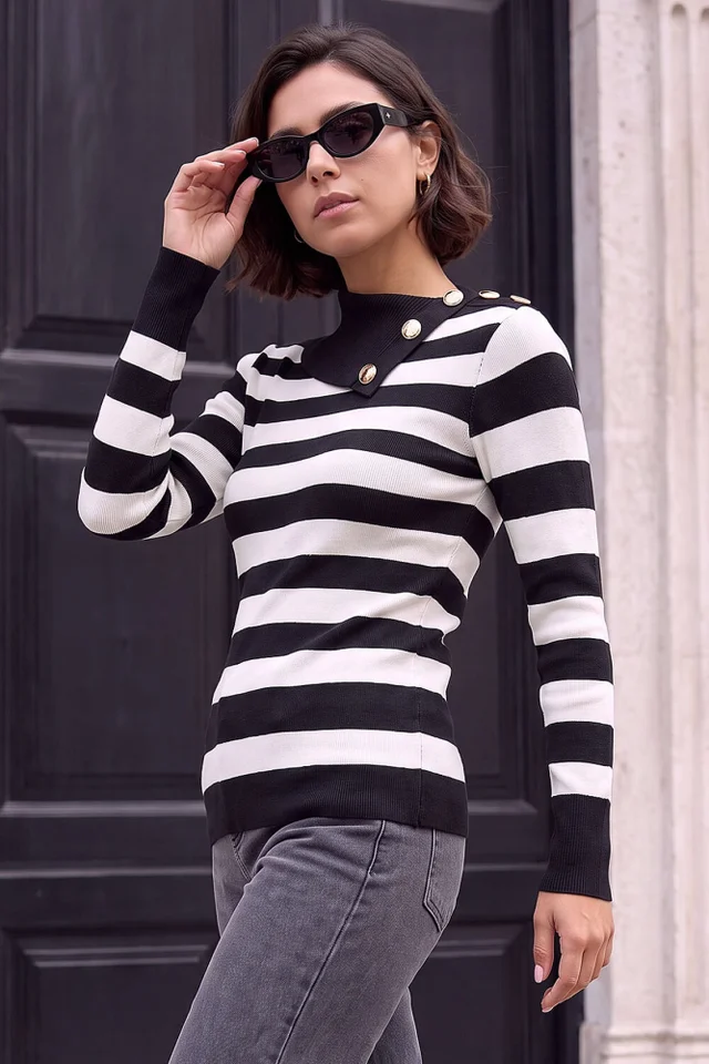 Roman Black Button Stripe Knit Jumper