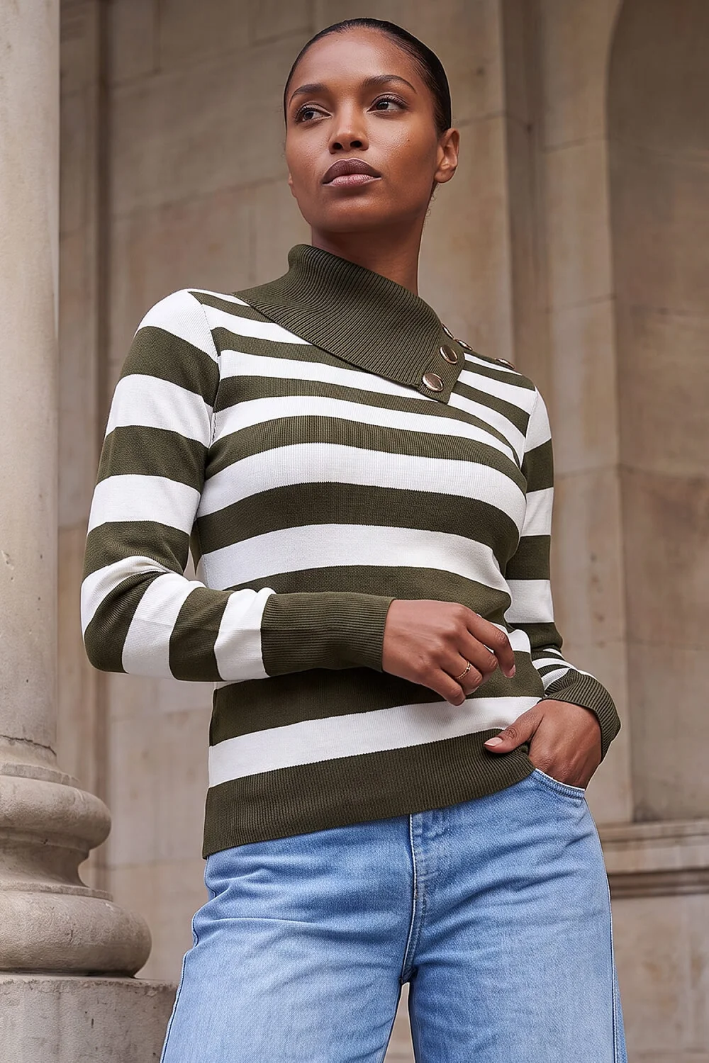 Roman Khaki Button Stripe Knit Jumper - 10 Image 1