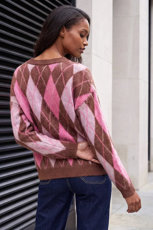 Roman Pink Soft Knit Argyle Jumper - 20 Image 2