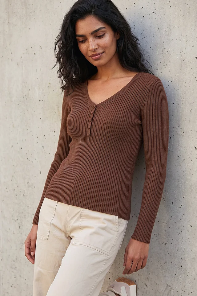 Roman Chocolate Button Rib Knit Jumper