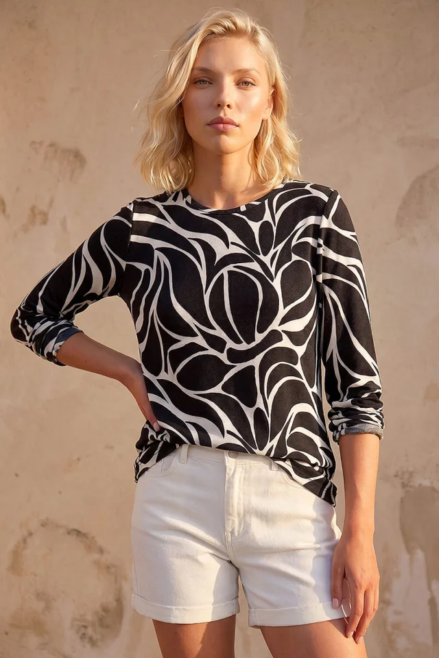 Roman Black Petite Abstract Print Top