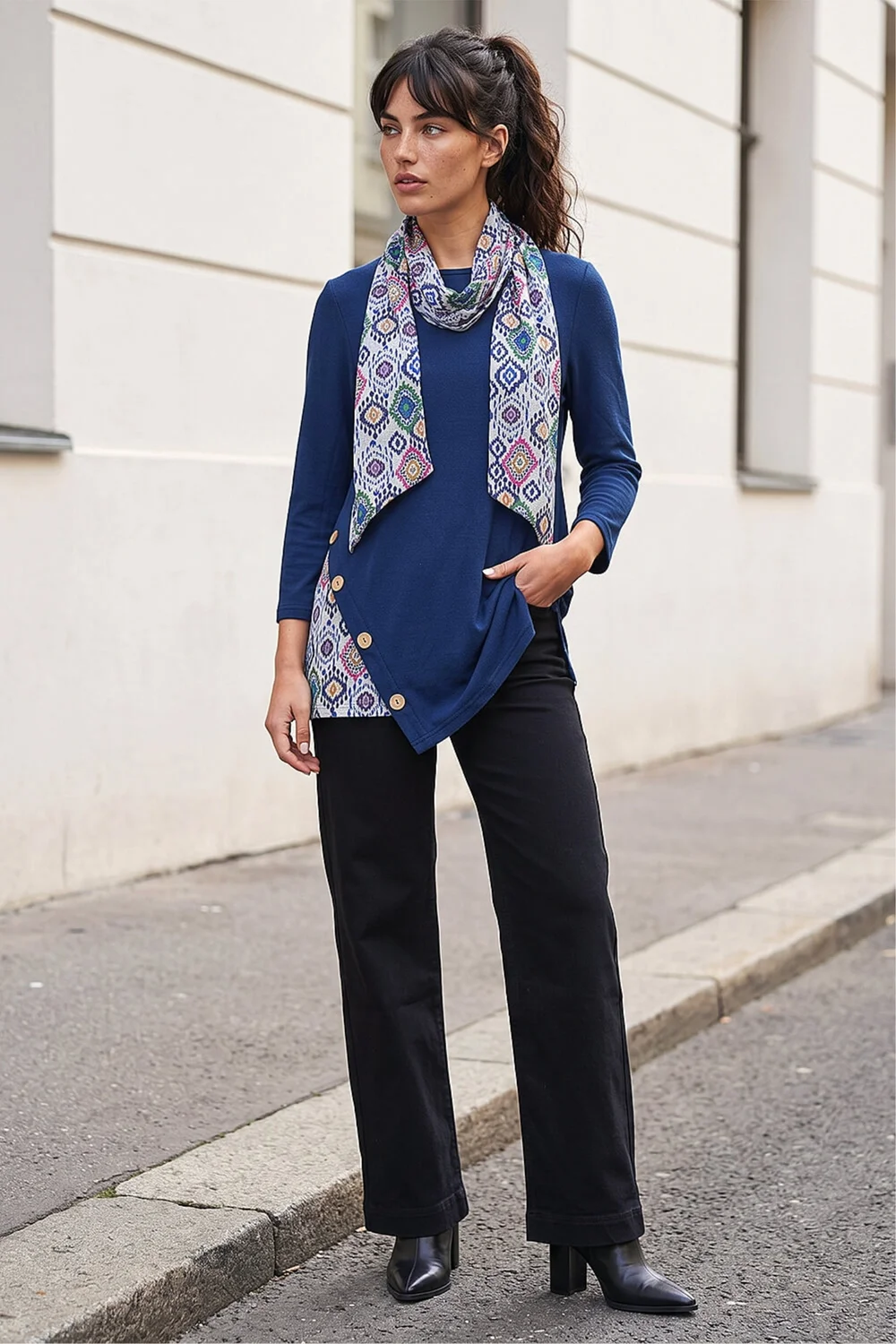 Roman Navy Asymmetric Hem Detachable Scarf Top - 18 Image 3