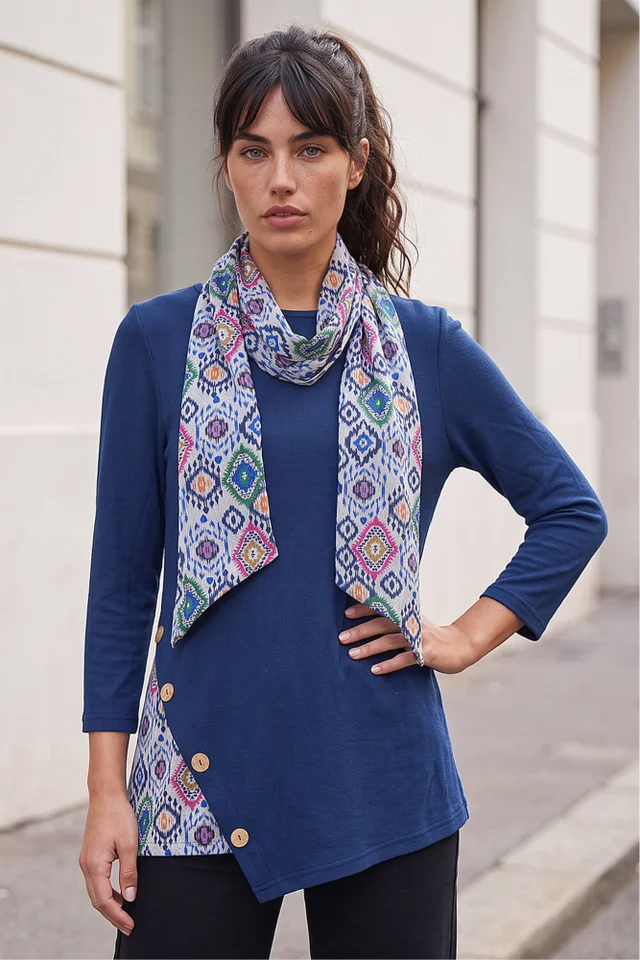 Roman Navy Asymmetric Hem Detachable Scarf Top