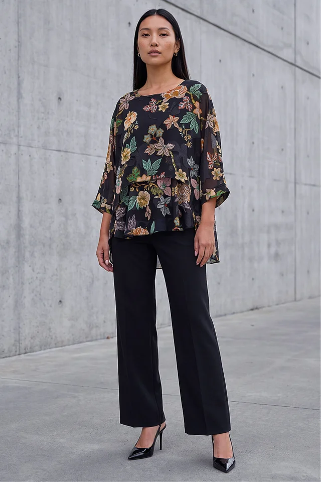 Roman Black Floral Print Overlay Top