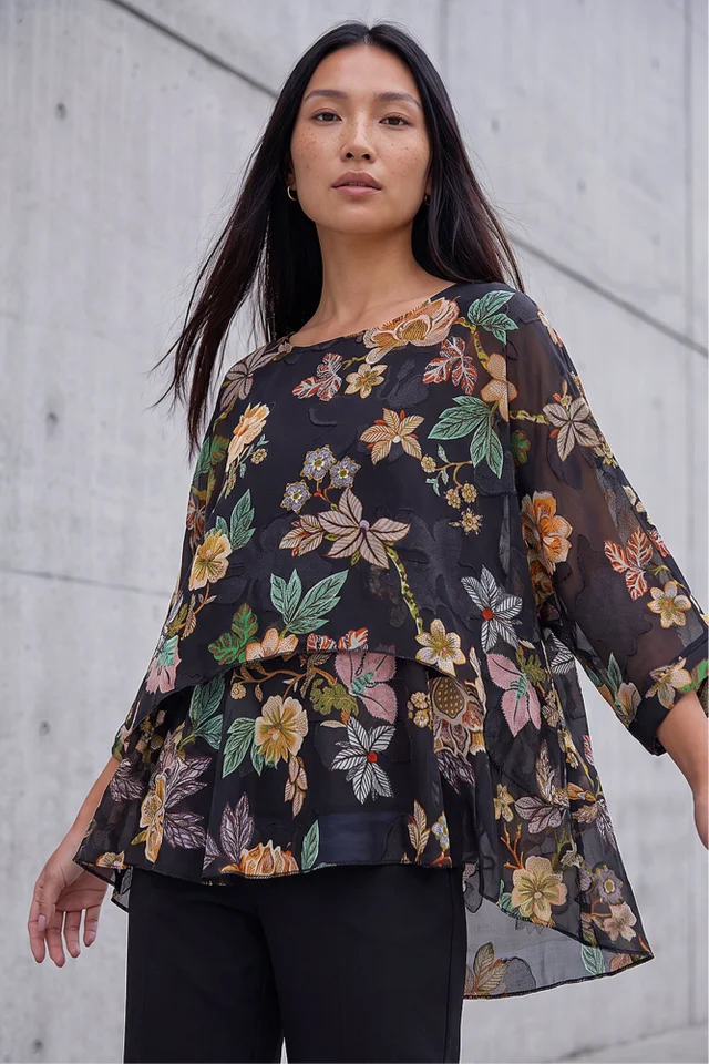 Roman Black Floral Print Overlay Top