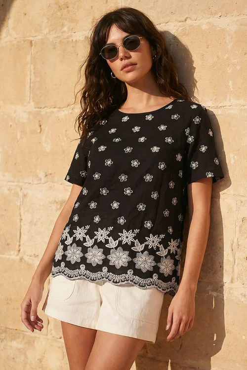 Roman Black Floral Embroidered Top - 16 Image 1