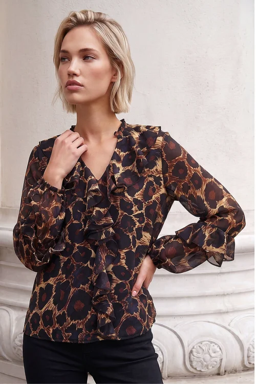 Roman Chocolate Animal Print Ruffle Top - 14 Image 1