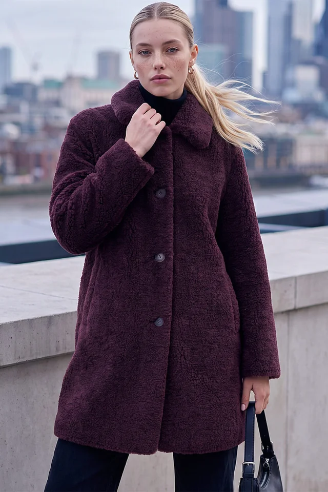 Roman Wine Petite Faux Sheepskin Coat
