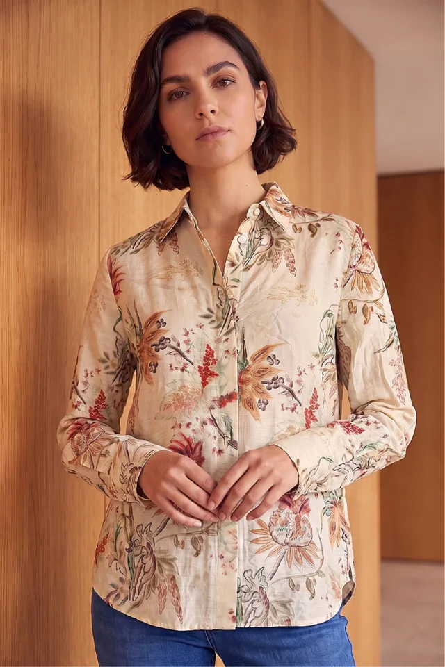 Roman Cream Floral Collared Shirt