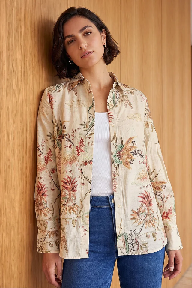 Roman Cream Floral Collared Shirt