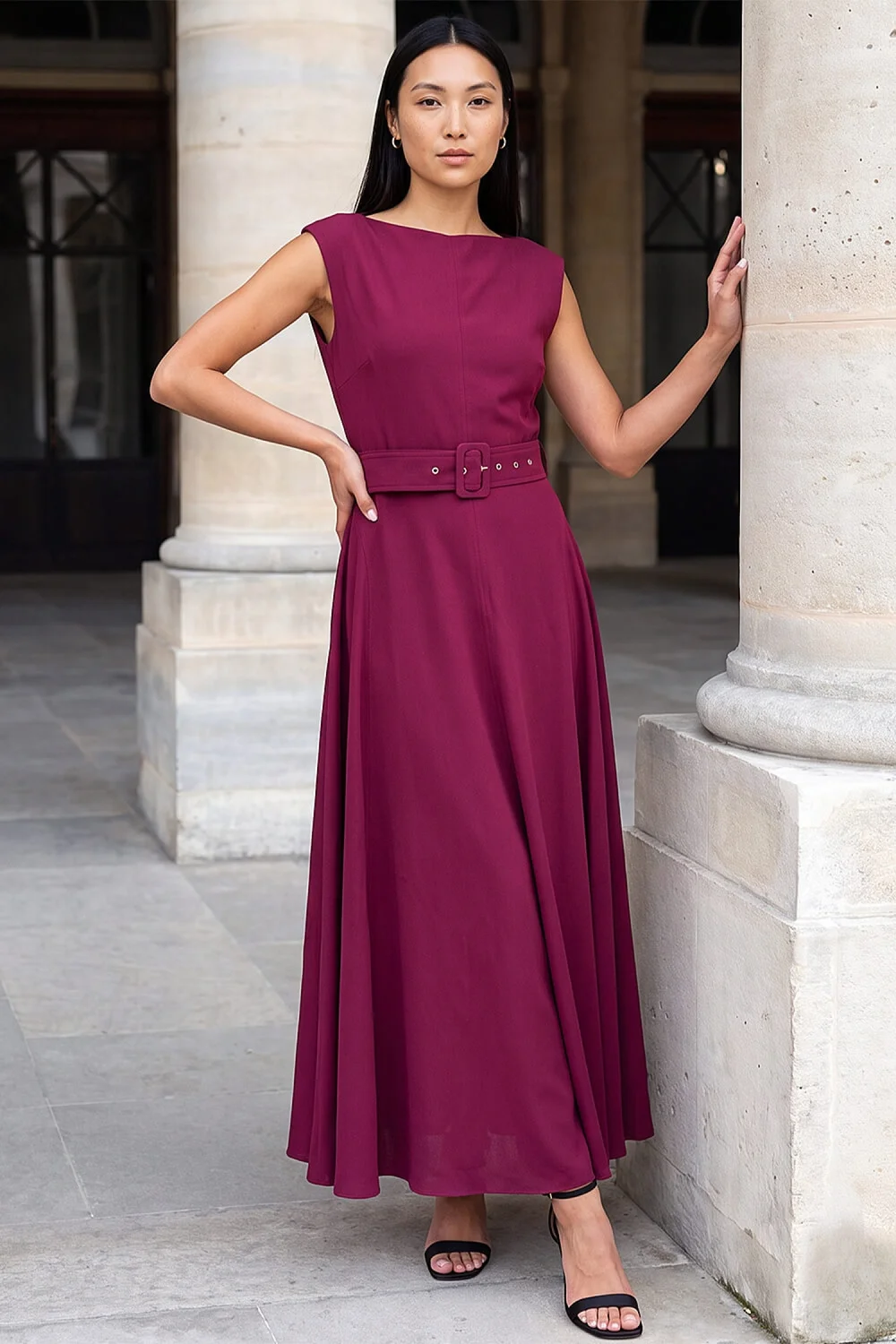 Roman Wine Belted Fit & Flare Dress - 16 Image 2