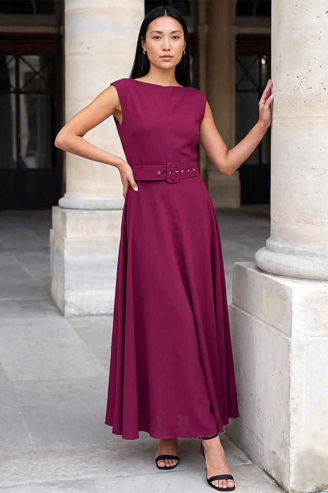 Roman Wine Belted Fit & Flare Dress