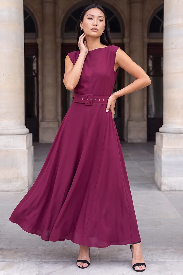 Roman Wine Belted Fit & Flare Dress