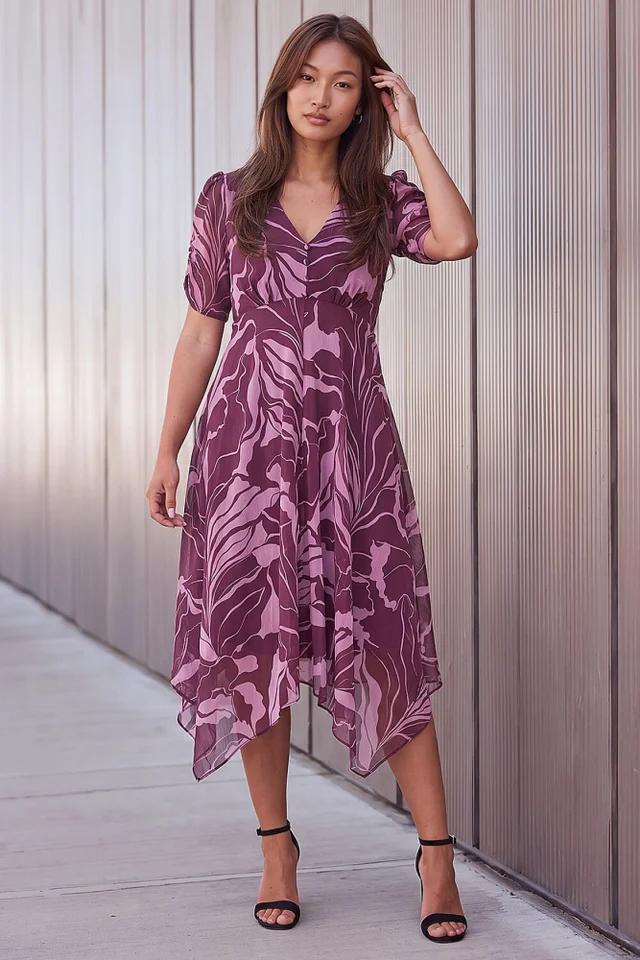 Roman Plum Abstract Hanky Hem Dress