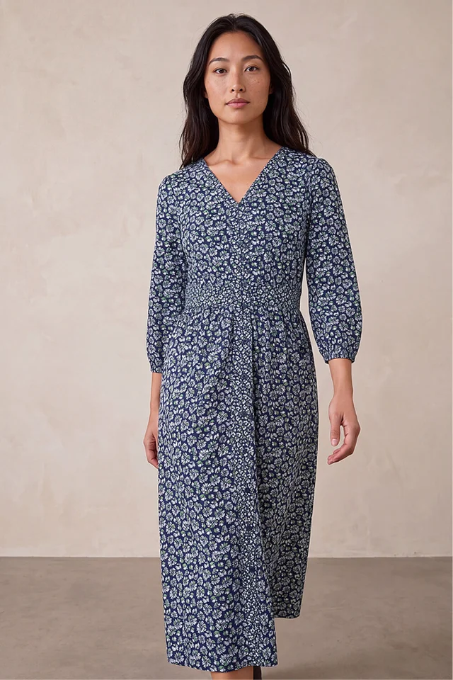 Roman Navy Petite Floral Print Midi Dress
