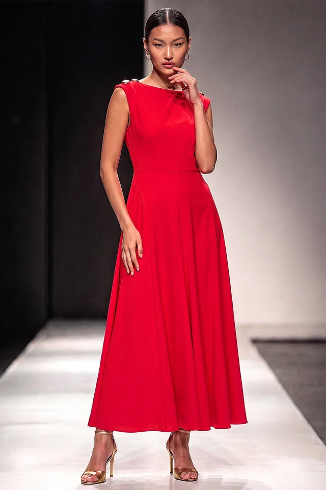 Roman Red Metal Work Crepe Midi Dress