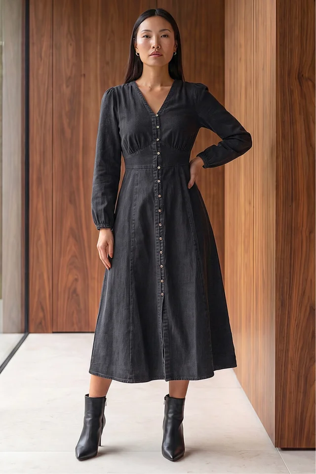 Roman Black Button Through Midi Dress