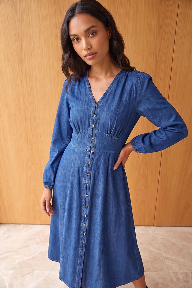 Roman Denim Button Through Midi Dress