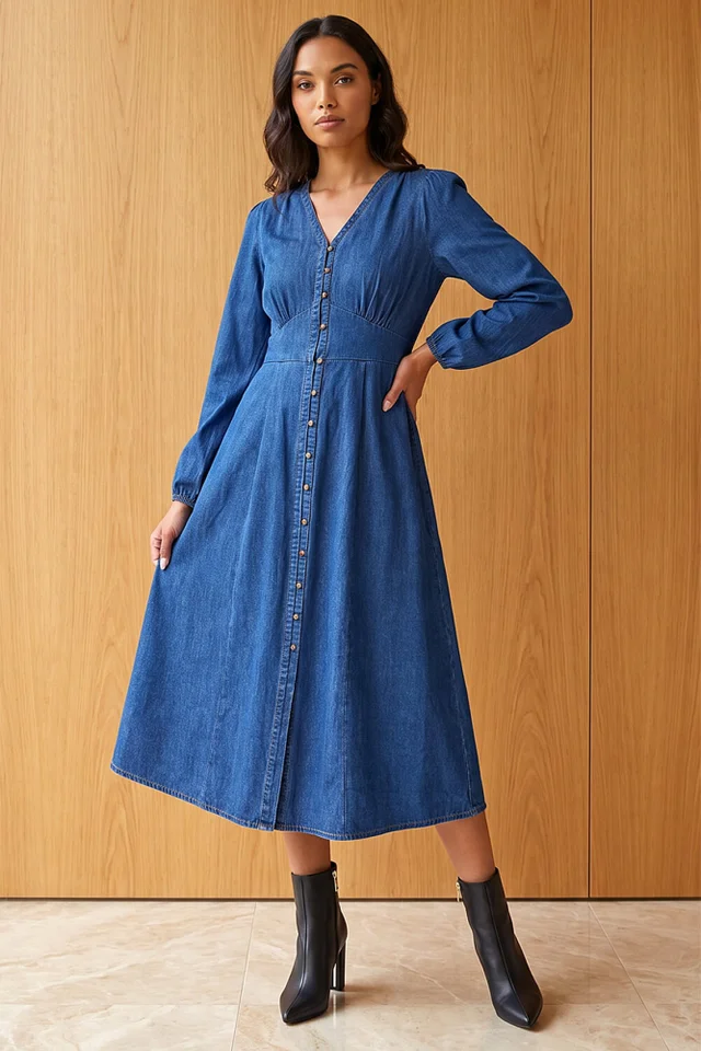Roman Denim Button Through Midi Dress