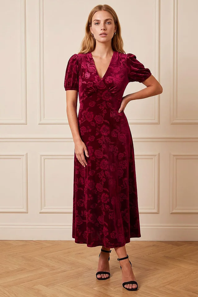 Roman Wine Embossed Velvet Midi Dress