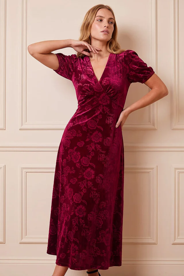 Roman Wine Embossed Velvet Midi Dress