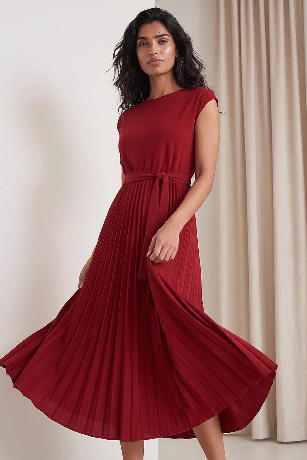 Roman Wine Pleated Tie Waist Dress - 16 Image 1