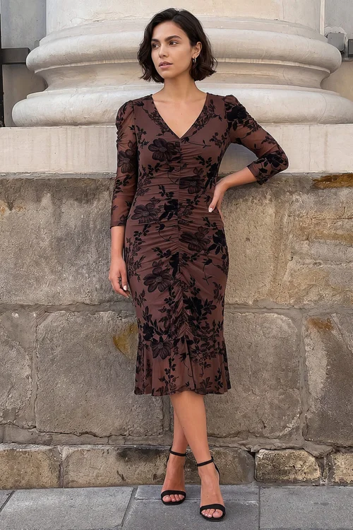 Roman Chocolate Ruched Floral Flock Frill Dress - 12 Image 1