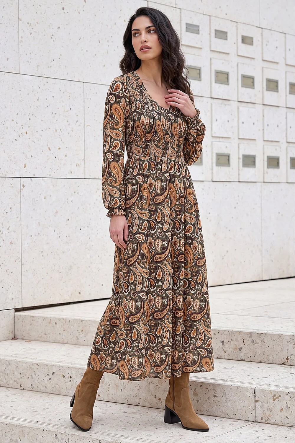Dusk Forest Paisley Shirred Midi Dress - 10 Image 1