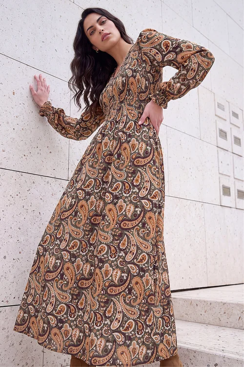 Dusk Forest Paisley Shirred Midi Dress - 10 Image 2