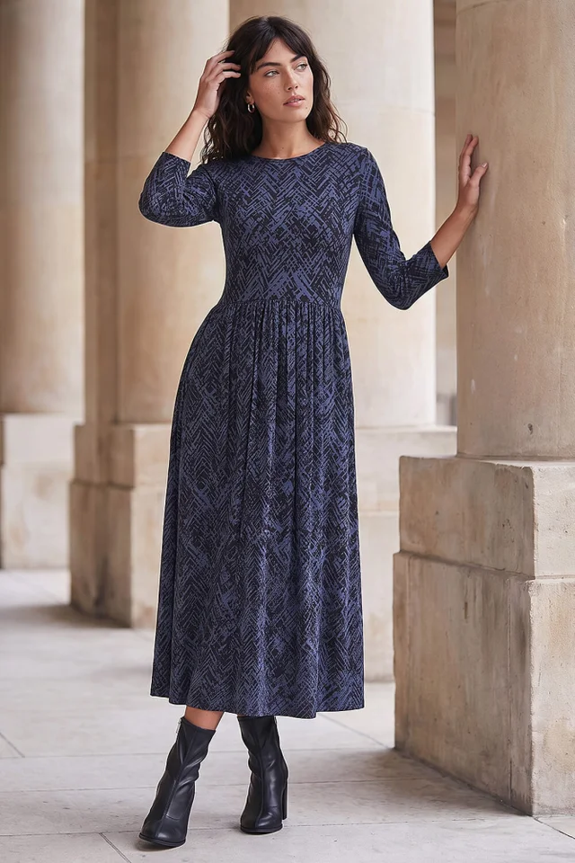 Roman Grey Abstract Print Stretch Midi Dress