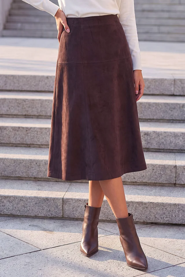 Roman Dark Brown Petite Suede A-Line Skirt